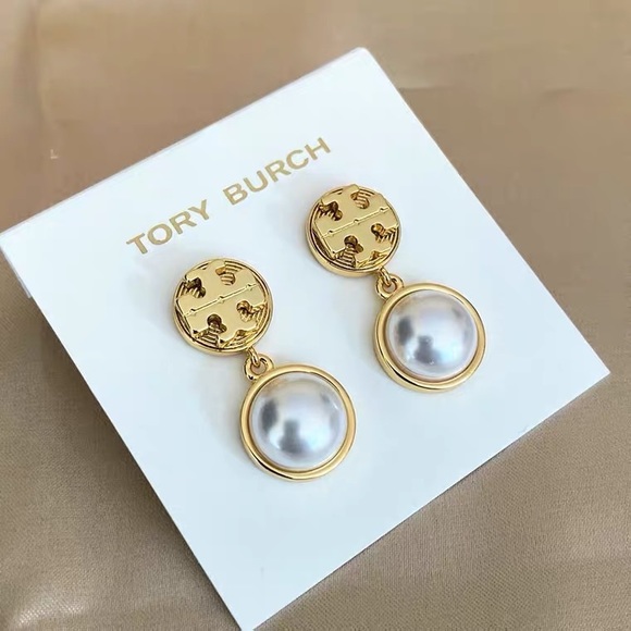 Tory Burch Jewelry - Tory Burch Gold Logo Pearl Drop Earrings